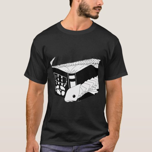 魚の骨の骸骨が出現する呪われた魔法の本 Tシャツ (正面)