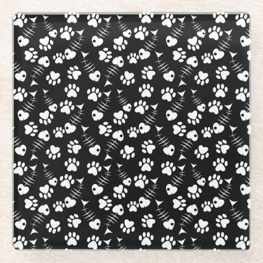 魚の骨猫のプリントパターン ガラスコースター (正面)