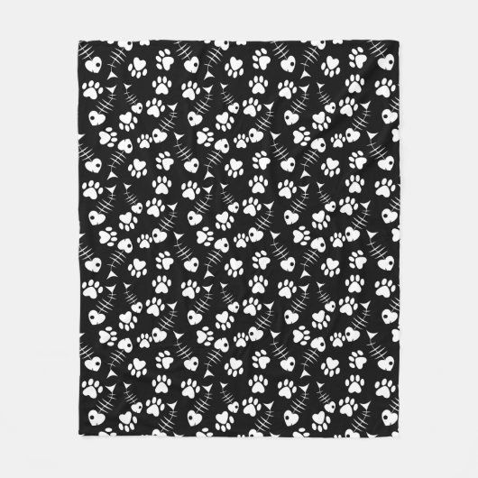 魚の骨猫のプリントパターン フリースブランケット (正面)