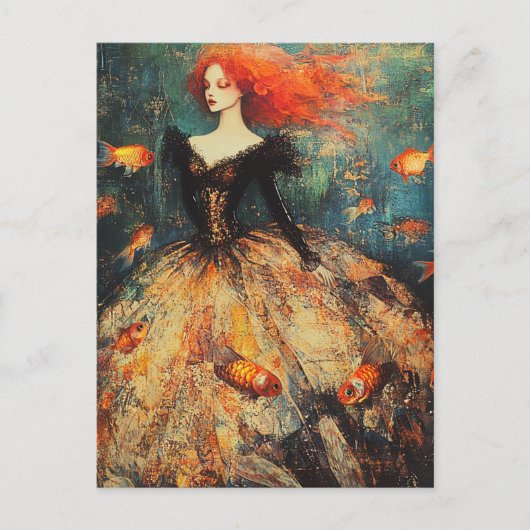 魚の鱗に落ちた女性が金魚でファッションを結ぶ ポストカード (正面)