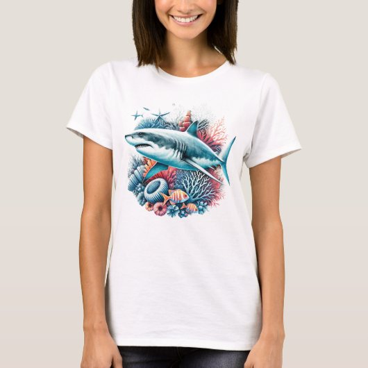 魚やサンゴと一緒にいる美しいサメ Tシャツ (正面)