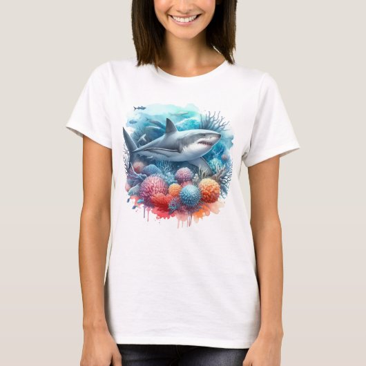 魚やサンゴと一緒にいる美しいサメ Tシャツ (正面)