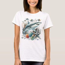 魚やサンゴと一緒に泳ぐ美しいサメ Tシャツ