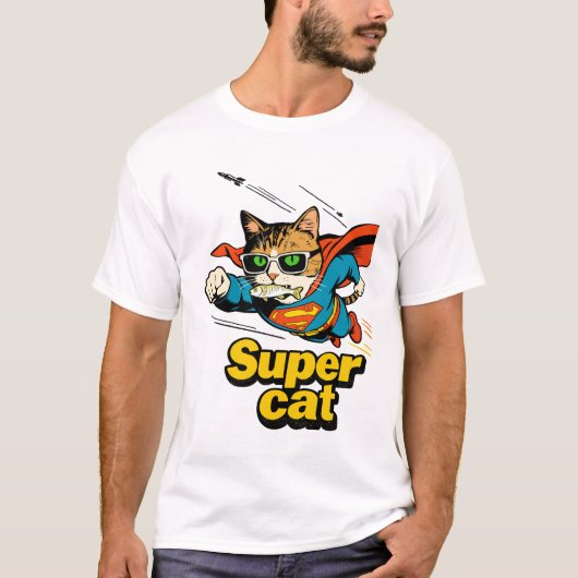 魚をくわえて飛ぶスーパーネコ Tシャツ (正面)