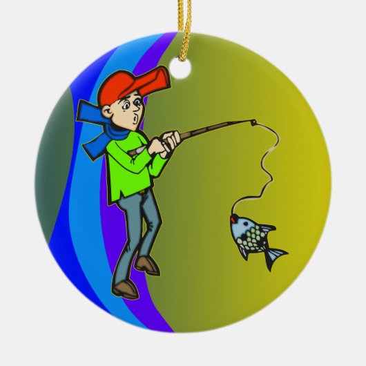 魚をつかまえている男の子 セラミックオーナメント (正面)