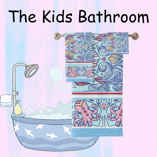 魚をテーマにした赤、白、青タオル バスタオルセット