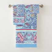 魚をテーマにした赤、白、青タオル バスタオルセット (インサイチュ)