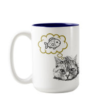 魚を夢見る猫の手描きコーヒーマグカップ