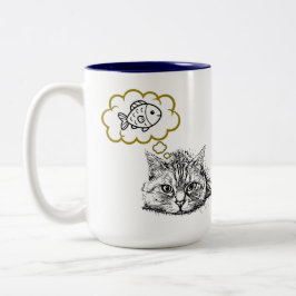 魚を夢見る猫の手描きコーヒーマグカップ ツートーンマグカップ
