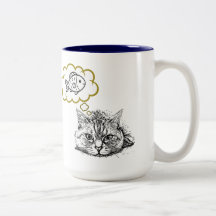 魚を夢見る猫の手描きコーヒーマグカップ