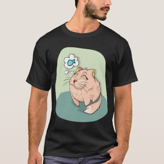 魚を思い浮かべる猫 Tシャツ (正面)