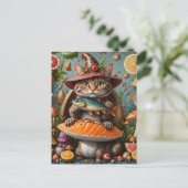 魚を持ったきのこに座る面白い吸血鬼猫 ポストカード (スタンド正面)