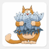 魚を持った面白い猫のキャラクターイラスト 食べたい猫 スクエアシール (正面)