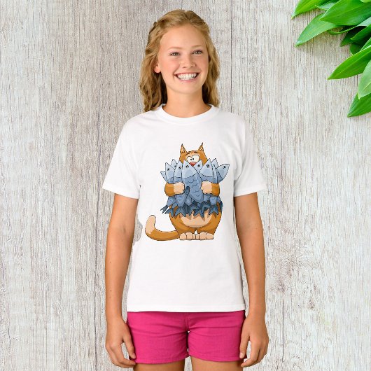 魚を持った面白い猫のキャラクター　空腹の子猫 Tシャツ