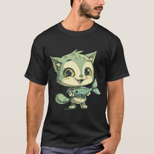 魚を持つ美しい猫 Tシャツ (正面)