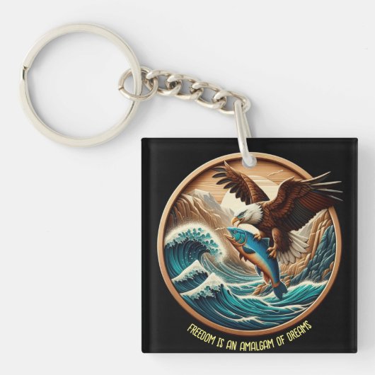 魚を捕まえるために舞い降りる素晴らしいワシ キーホルダー (正面)