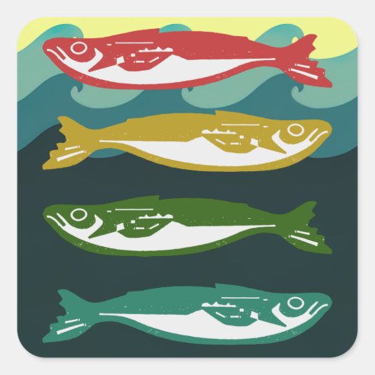 魚を波に乗せる スクエアシール (正面)