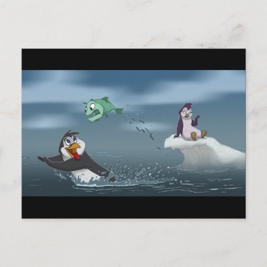 「魚を追う」ペンギン（背景あり） ポストカード (正面)