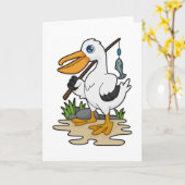 魚を釣るペリカン - 釣り竿と魚を持って カード (黄色い花)