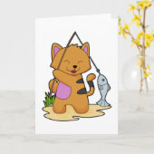 魚を釣る猫 フィッシャー 釣り竿と魚付き カード (黄色い花)