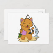 魚を釣る猫 フィッシャー 釣り竿と魚付き ポストカード (正面/裏面)