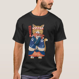 魚を食べる猫の古典的な日本画(浮世絵) Tシャツ