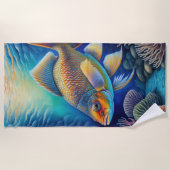 魚カラフルのチョークスケッチ ビーチタオル (正面)