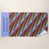 魚カラフルの水色ニジマス模様 ビーチタオル (正面)