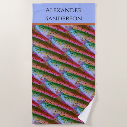 魚カラフルの水色ニジマス模様 ビーチタオル (正面)