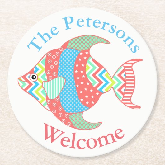 魚カラフルパターン（の模様が）ある紙カスタムコースター ラウンドペーパーコースター (正面)