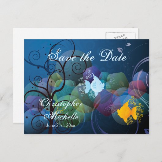 魚カラフル熱帯魚が日付を保存結婚する 案内ポストカード (正面/裏面)