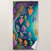 魚カラフル礁シーンのチョークスケッチ ビーチタオル (正面)