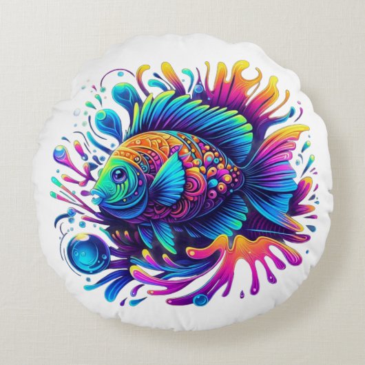 魚カラフル ラウンドクッション (正面)