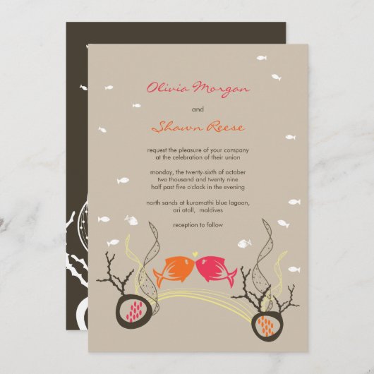魚キスをするのサンゴのビーチお洒落キュイ結婚ズ 招待状 (正面/裏面)