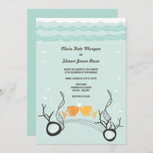 魚キスをするのサンゴのビーチお洒落キュイ結婚ズ 招待状 (正面/裏面)