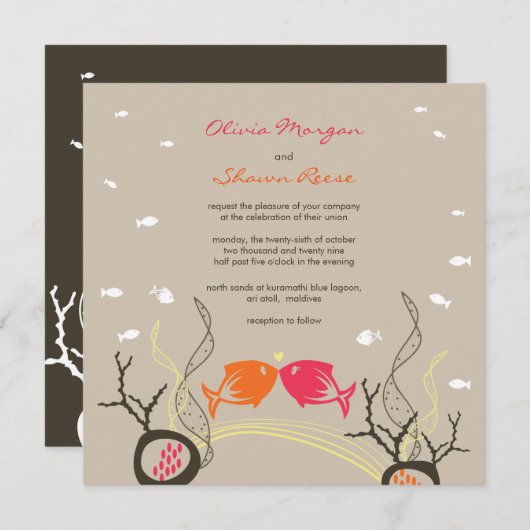 魚キスをするのサンゴのビーチお洒落キュイ結婚ズ 招待状 (正面/裏面)