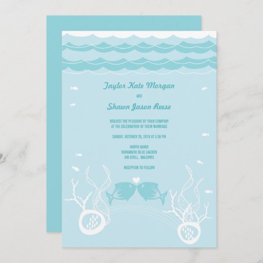 魚キスをするのサンゴのビーチお洒落キュイ結婚ズ 招待状 (正面/裏面)