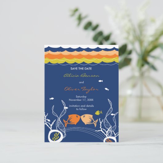 魚キスをする魚サンゴ海ビーチ保存日 案内ポストカード (スタンド正面)