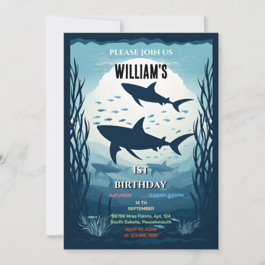 魚クールの青いジンベイザメ1歳の誕生日 招待状 (正面)