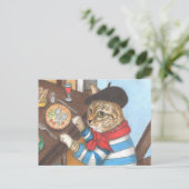 魚フランスのの美味しいディナーを楽しむ猫 ポストカード (スタンド正面)