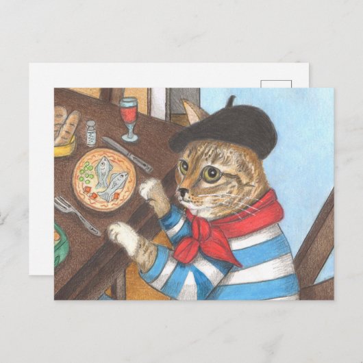 魚フランスのの美味しいディナーを楽しむ猫 ポストカード (正面/裏面)