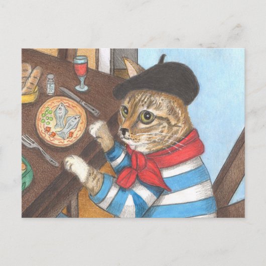 魚フランスのの美味しいディナーを楽しむ猫 ポストカード (正面)