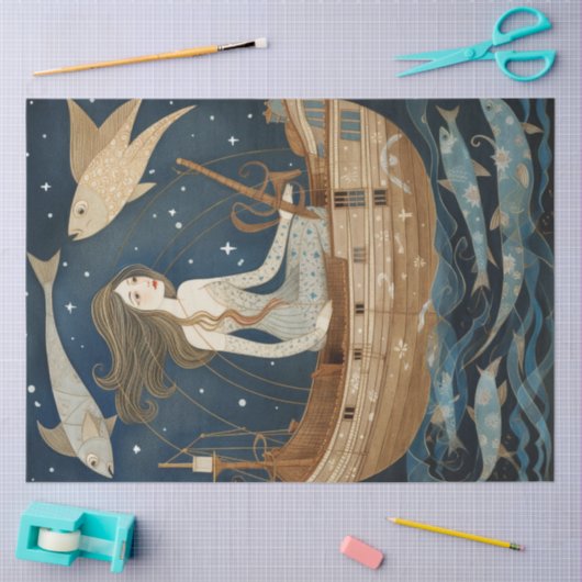 魚初期のの魚介類が切り離される女性 薄葉紙 (クラフト)