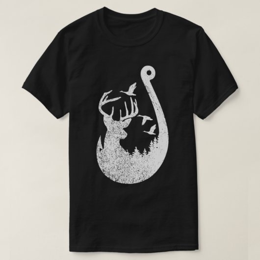 魚動揺してホック魚釣り狩り鹿とアヒル Tシャツ (デザイン正面)