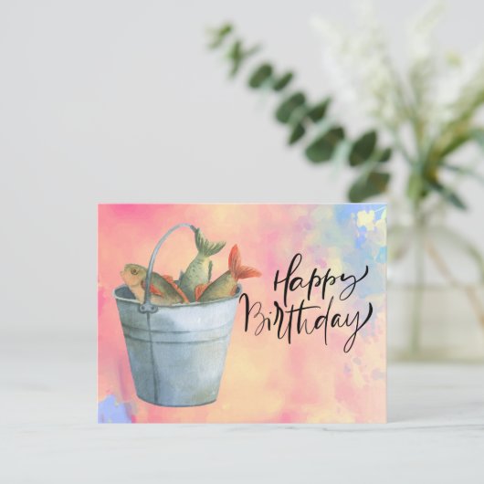 魚好きの誕生日をお祝い フィッシュ ウォーターカラー ポストカード (スタンド正面)