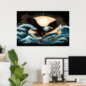 魚威厳のあるで海波に舞うワシ ポスター (ホームオフィス)