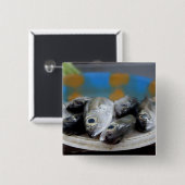 魚市場の新鮮な魚、メルカド·デ·ピクセ)。 缶バッジ (正面&裏面)