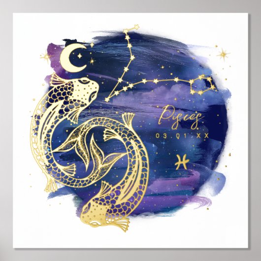 魚座の魚のサイン〔占星術の〕十二宮図カスタム誕生日 箔ポスター (正面)