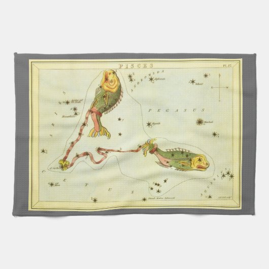 魚座の魚、ヴィンテージ星座天体図ウラニアの鏡 キッチンタオル (横)