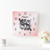 魚座ザフィッシュ〔占星術の〕十二宮図時計ピンク スクエア壁時計 (ホーム)